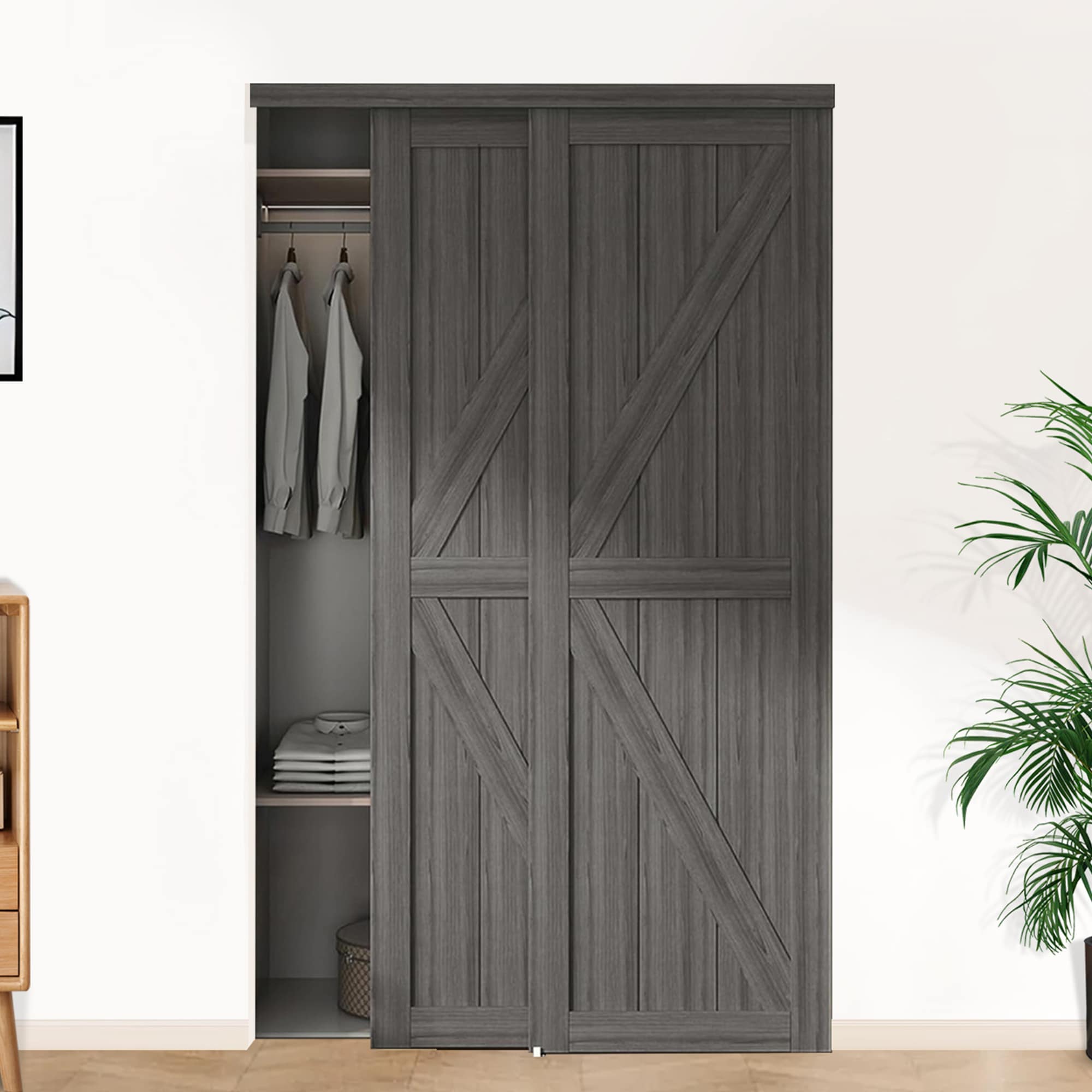 JUBEST 48"(Double 25") X80" Sliding Closet Door, K Style Bypass Closet Door With Hardware Kit & Matching Fascia, Preassembled Solid Wood Slab With Water-Proof PVC Surface, Easy To Install, White_voghion.com